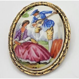 Antique Limoges Hand Painted Porcelain France Brooch Courting Couple 2in